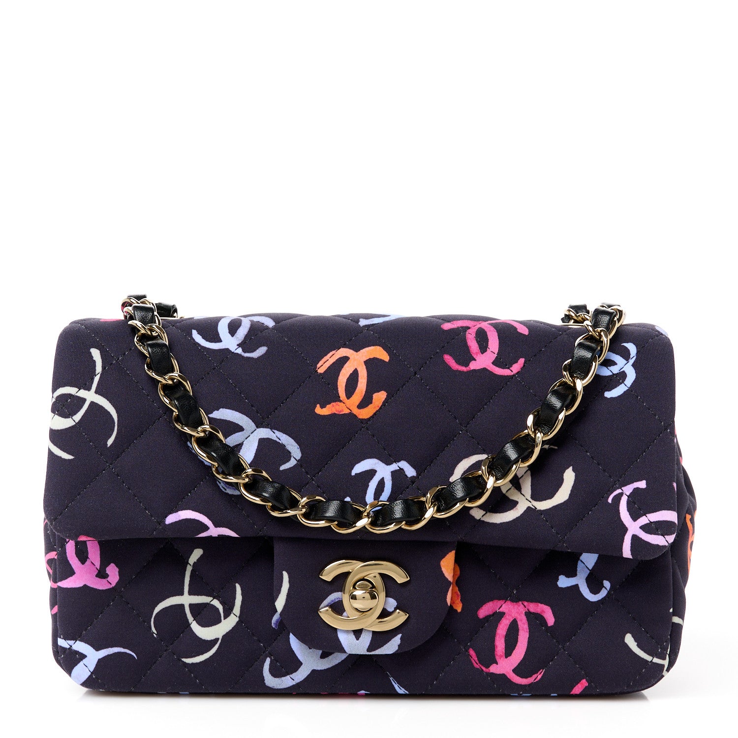 Chanel Printed Fabric Quilted Mini Rectangular Flap Black Pink Blue ...