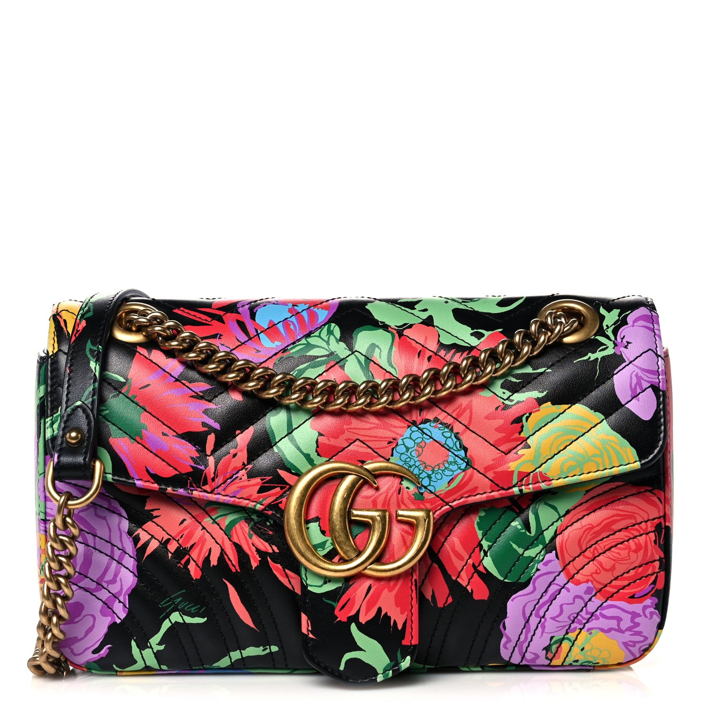 X KEN SCOTT Calfskin Matelasse Floral Small GG Marmont Shoulder Bag Black
