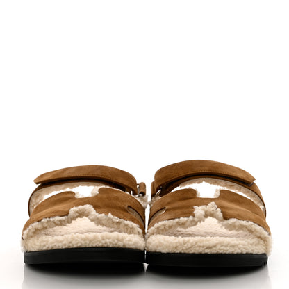 Hermes Suede Goatskin Woolskin Mens Chypre Sandals 44 Brun Fume Ecru 2 of 9