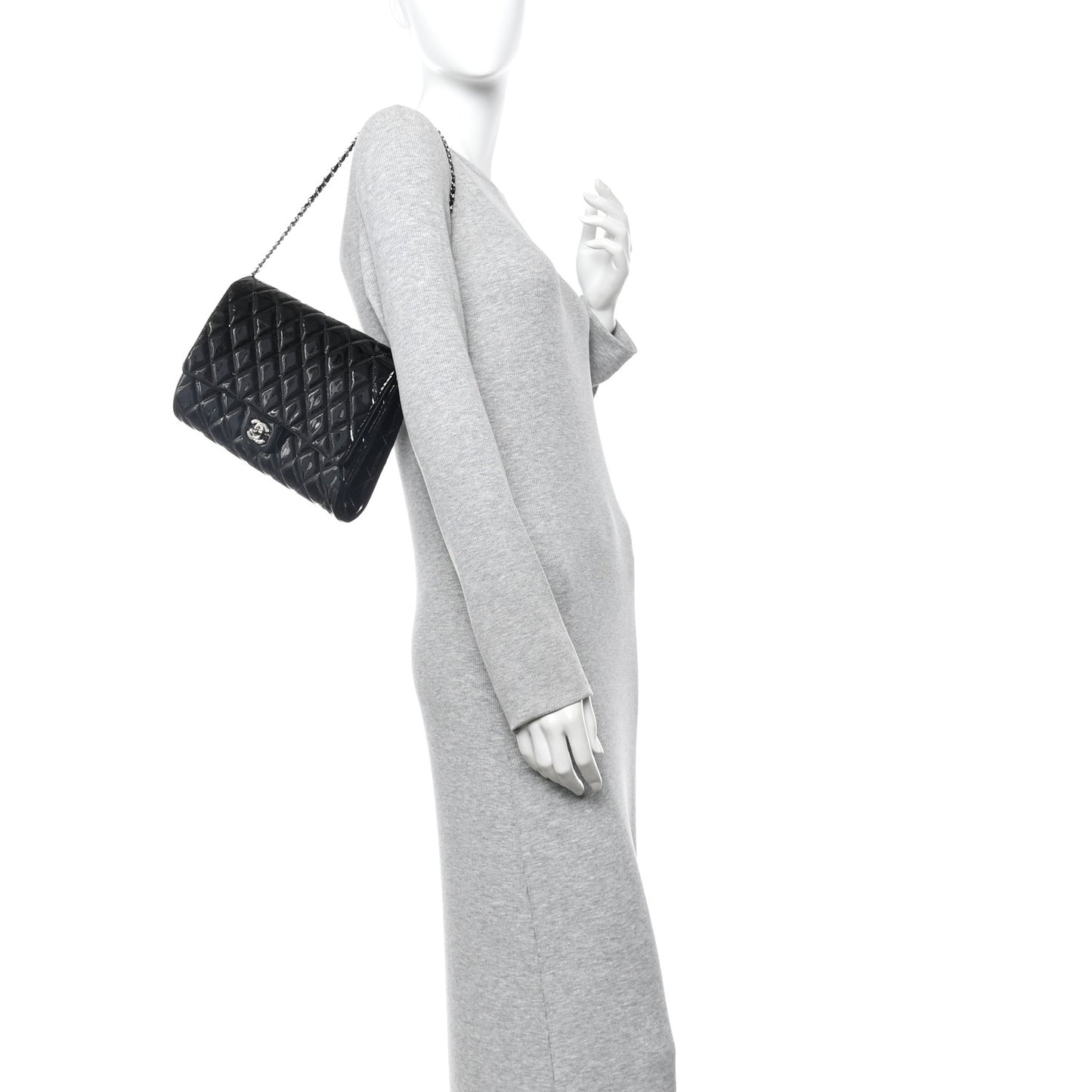Patent Quilted Clutch with Chain Flap Black
