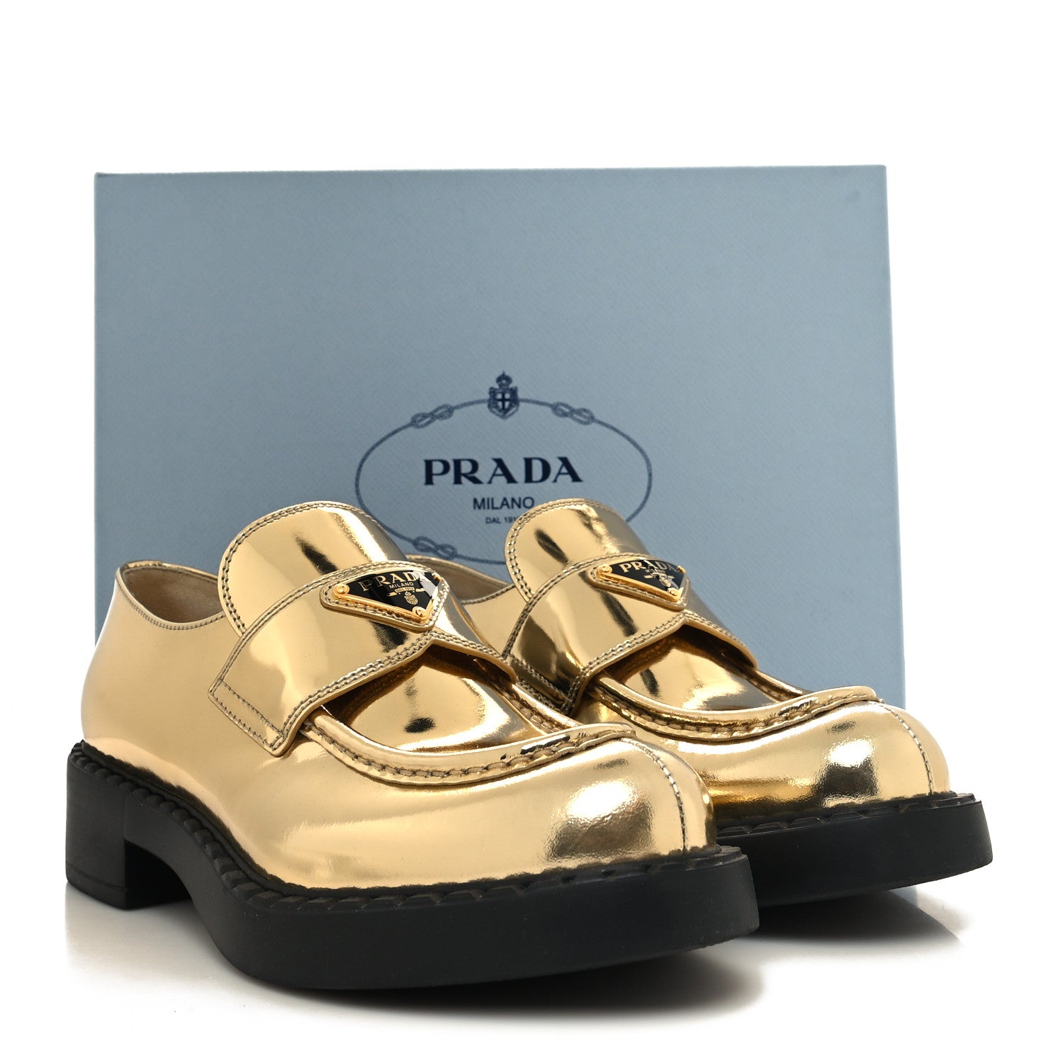 Prada Metallic Brushed Calfskin Metal Triangle Logo 50mm Loafers 39 Platino 10 of 10