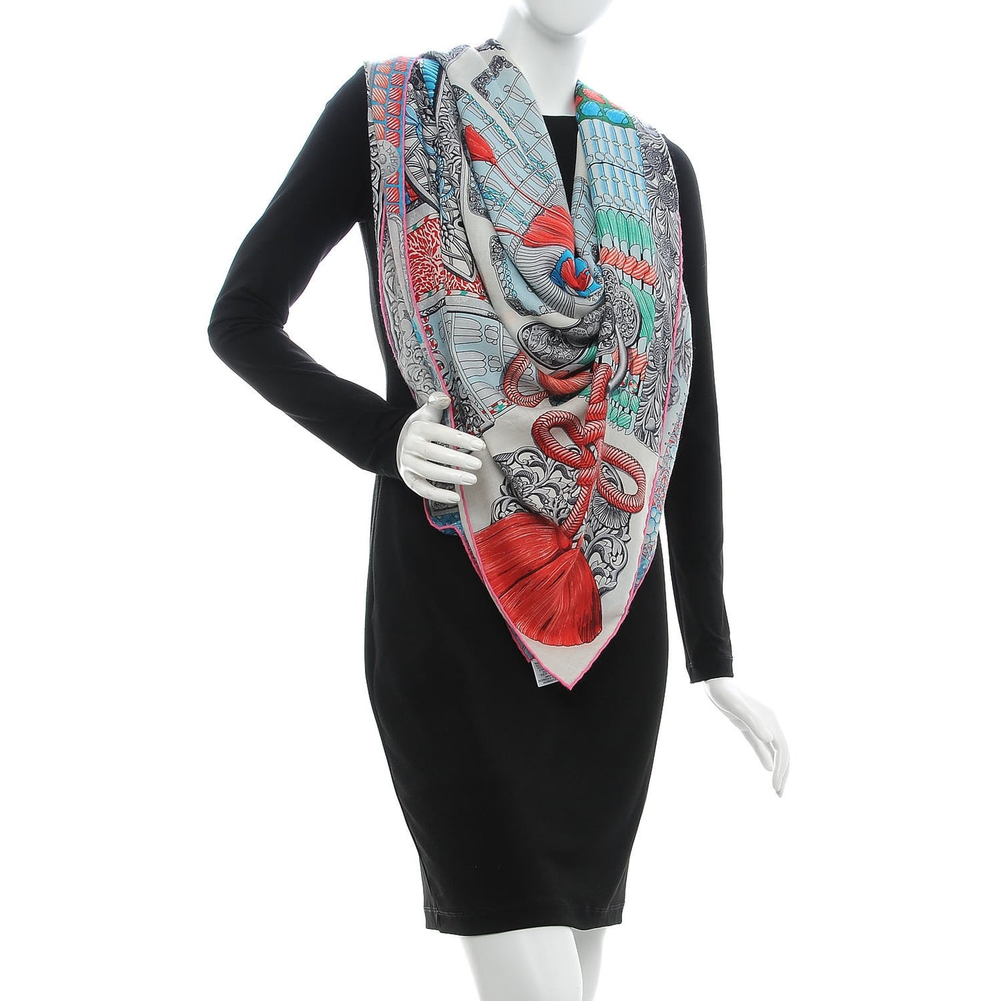 Cashmere Silk Parures De Samourais Shawl 140 Blanc Turquoise Vert