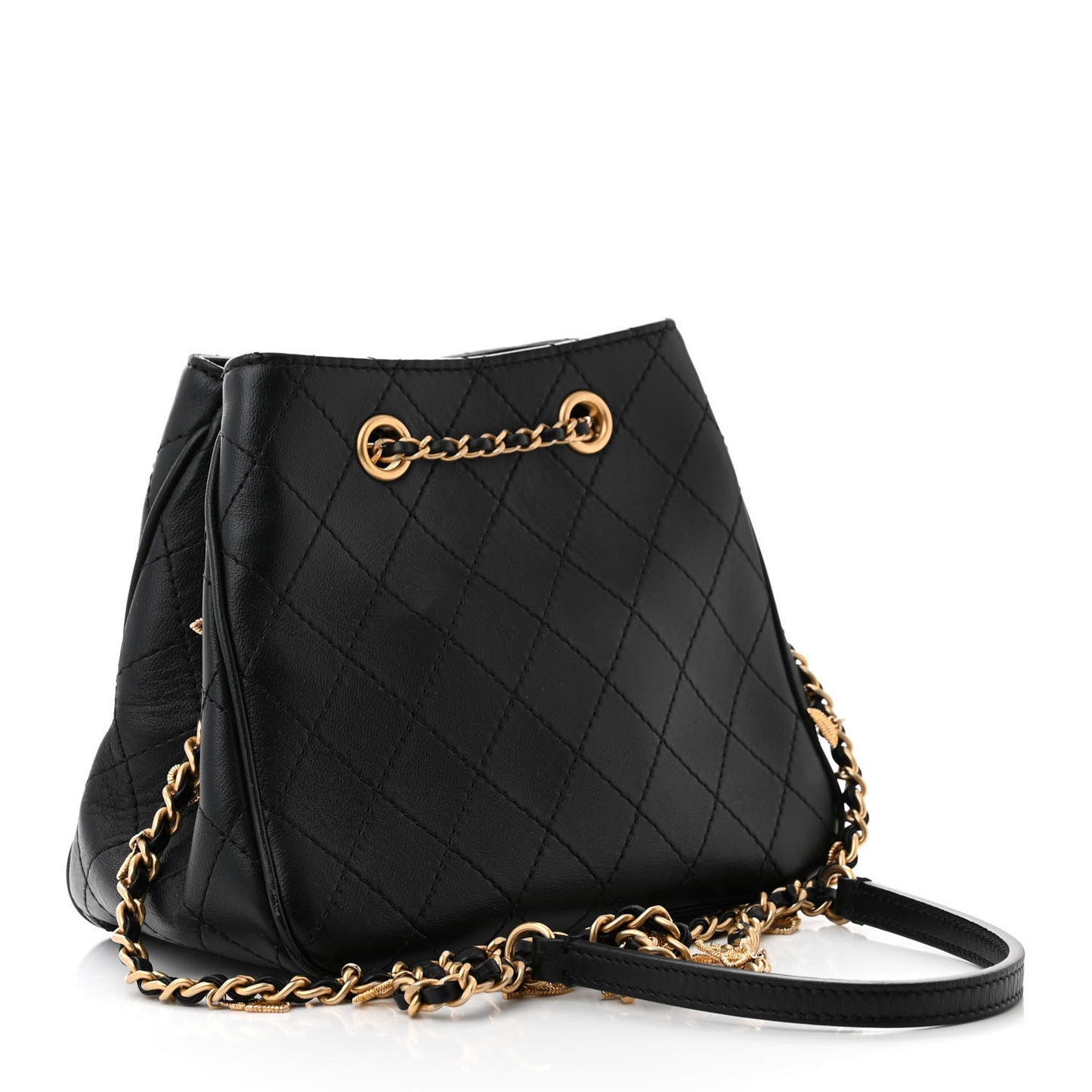 Calfskin Stitched Small Egyptian Amulet Drawstring Bag Black