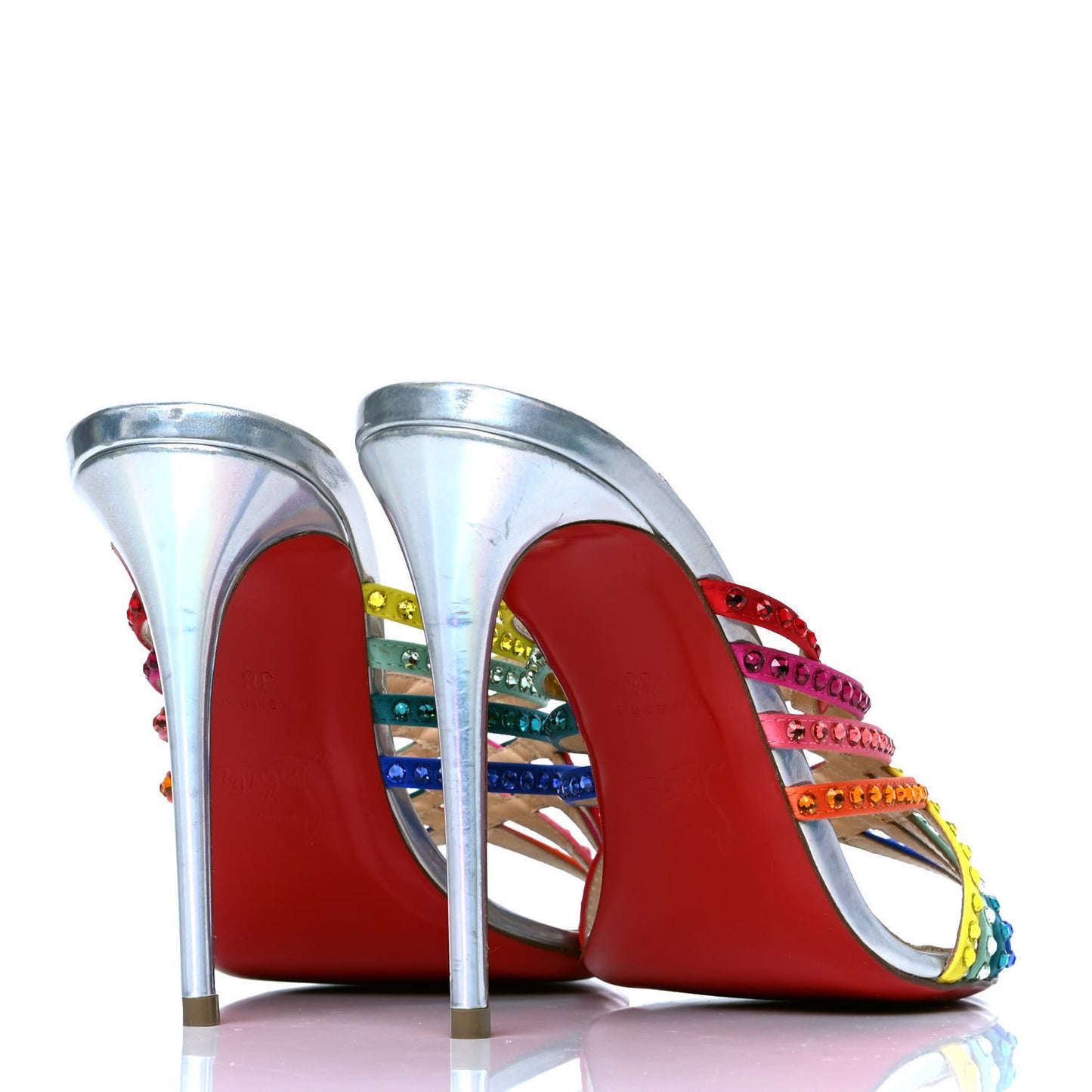 Specchio Calfskin Crystal Marthastrass 100 Slide Sandals 38 Silver Multicolor