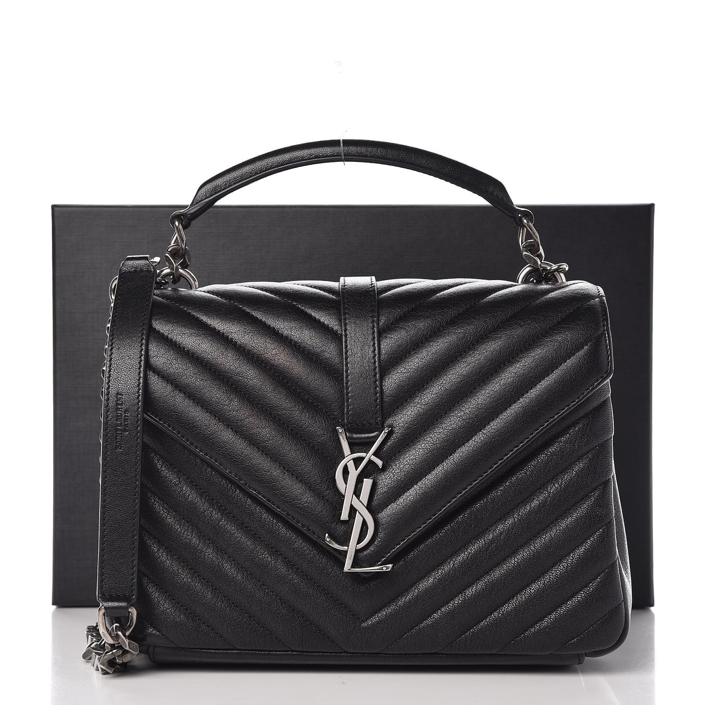 Sheepskin Matelasse Chevron Monogram Medium College Bag Black
