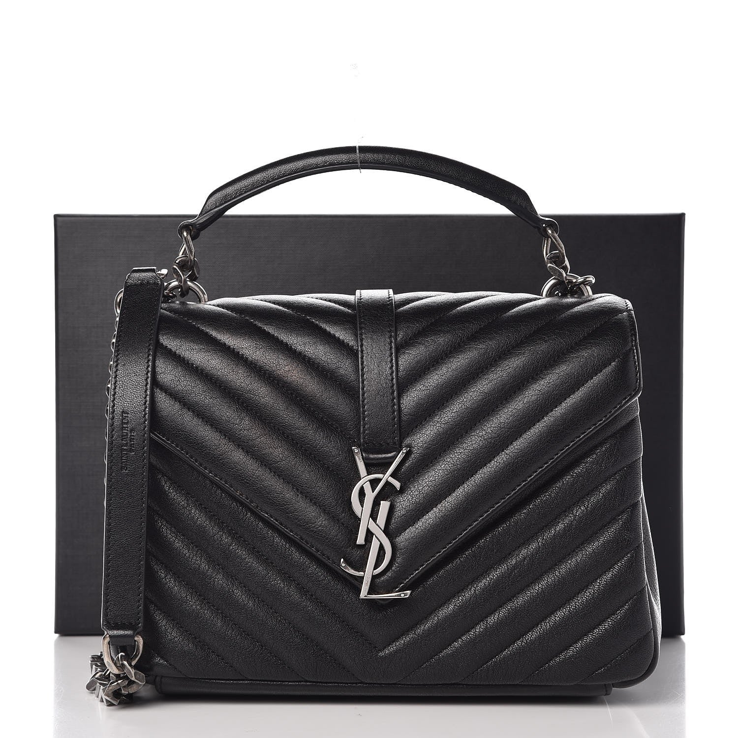 Saint Laurent Sheepskin Matelasse Chevron Monogram Medium College Bag Black 10 of 10