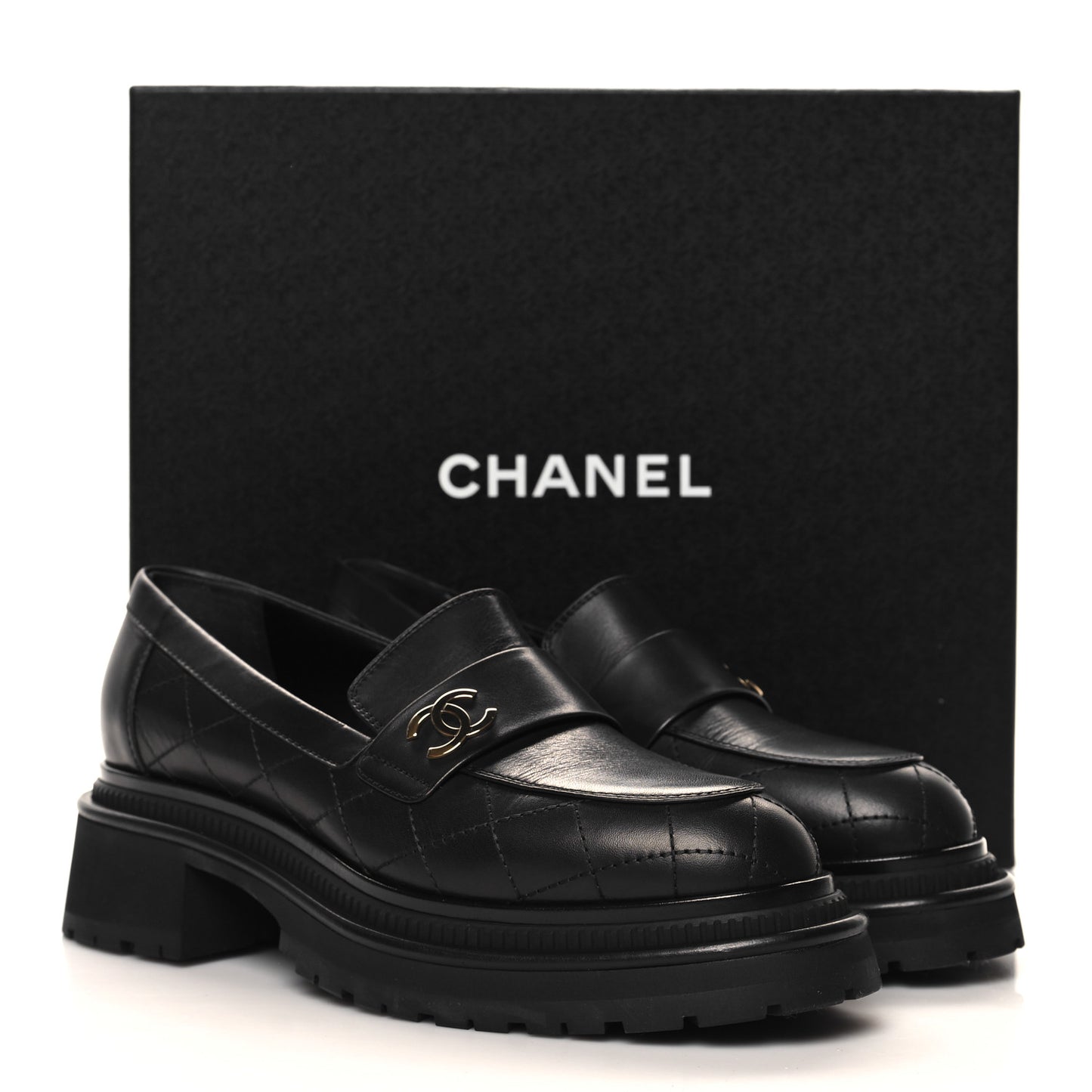 Calfskin Quilted CC Mocassin Loafers 39.5 Black