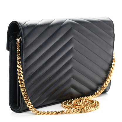 Saint Laurent Grain De Poudre Matelasse Chevron Monogram Chain Wallet Navy 3 of 15