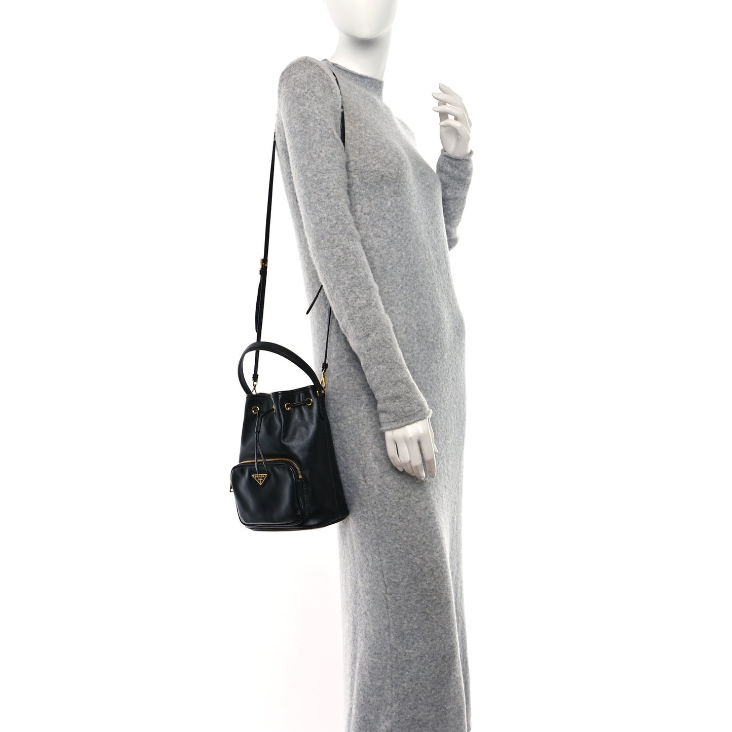 Light Calfskin Saffiano Mini Bucket Crossbody Bag Black