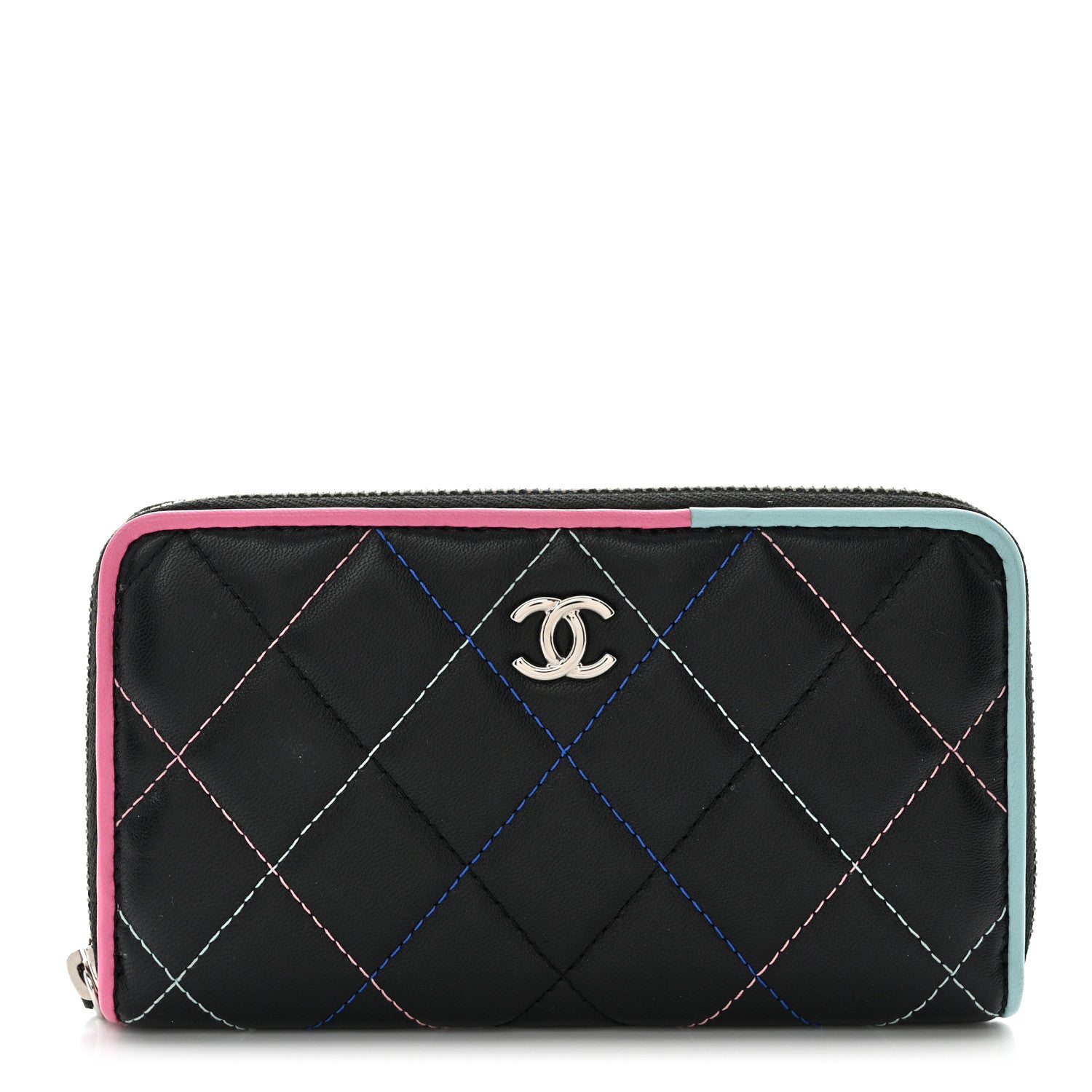Chanel Lambskin Quilted Small Gusset Zip Around Wallet Black Pink Light Blue 1 of 9