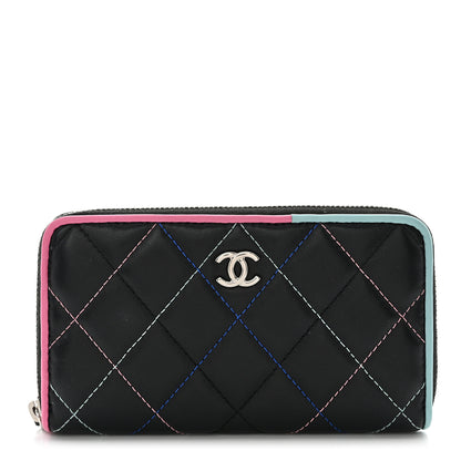 Chanel Lambskin Quilted Small Gusset Zip Around Wallet Black Pink Light Blue 1 of 9