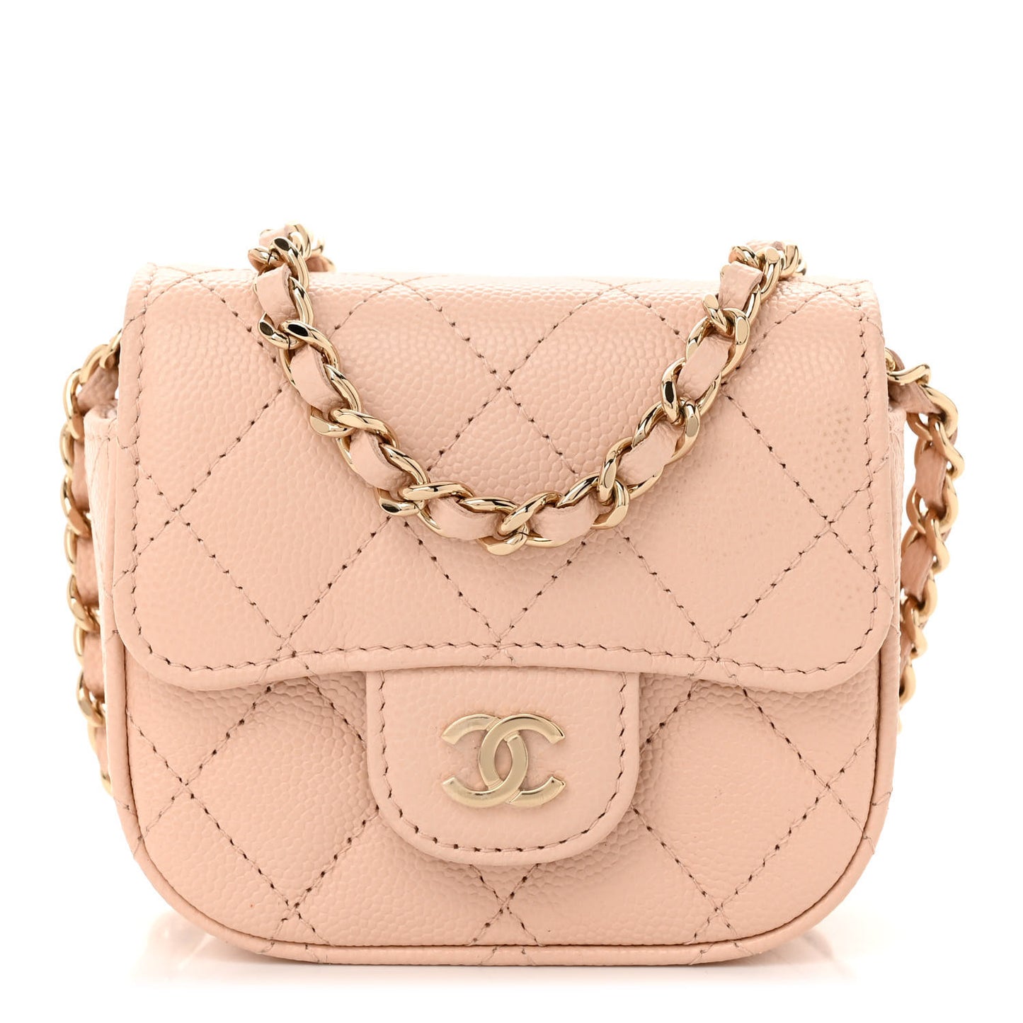 Caviar Quilted Mini Clutch With Chain Light Beige