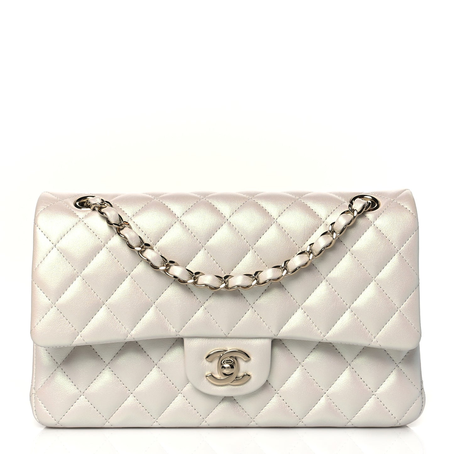 Iridescent Calfskin Quilted Medium Double Flap White