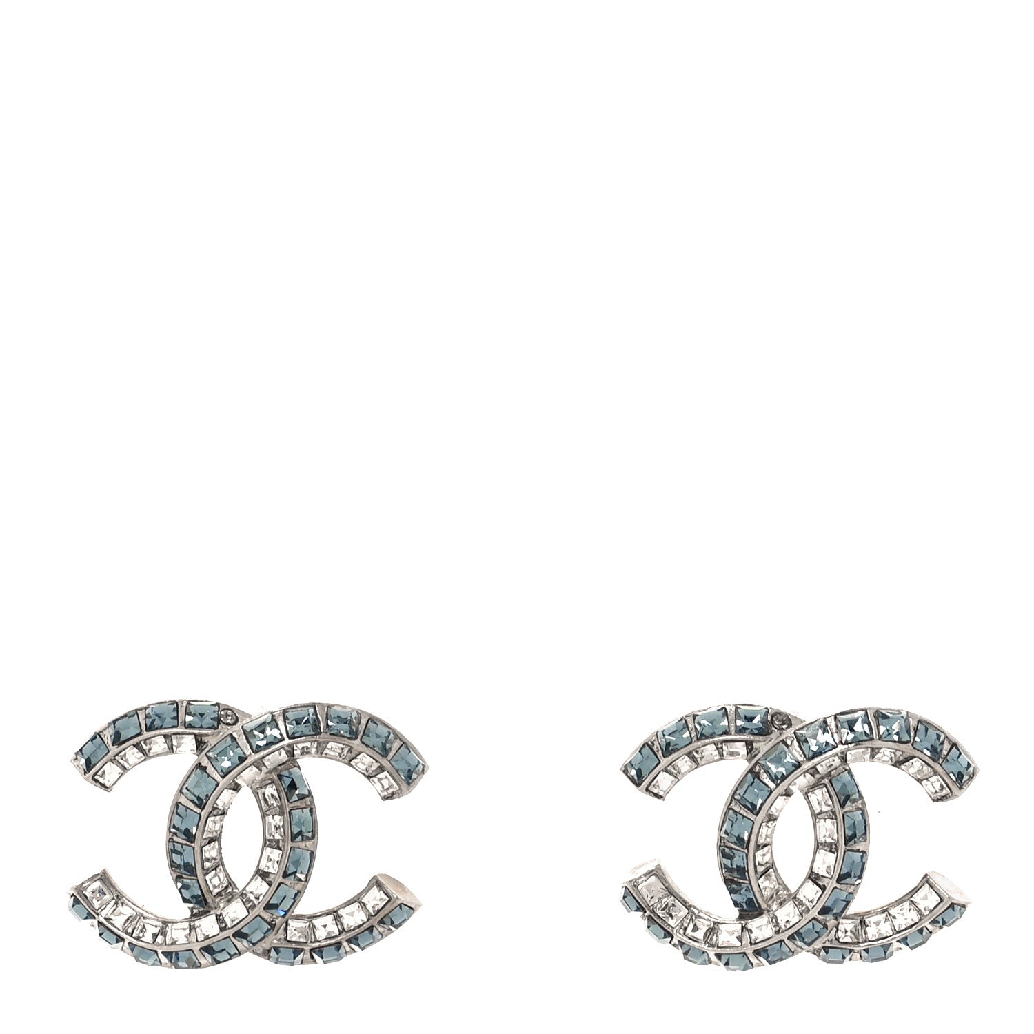 Chanel Metal Baguette Crystal CC Earrings Silver Blue 1 of 5
