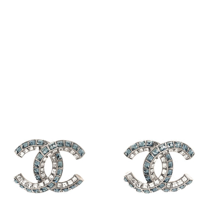 Chanel Metal Baguette Crystal CC Earrings Silver Blue 1 of 5