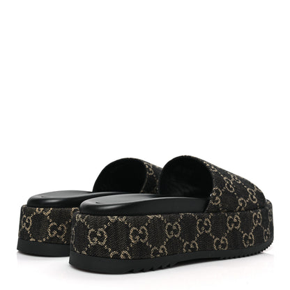 Gucci Jacquard Black Denim GG Monogram Angelina Platform 55mm Slide Sandals 37.5 Black Ivory 4 of 9