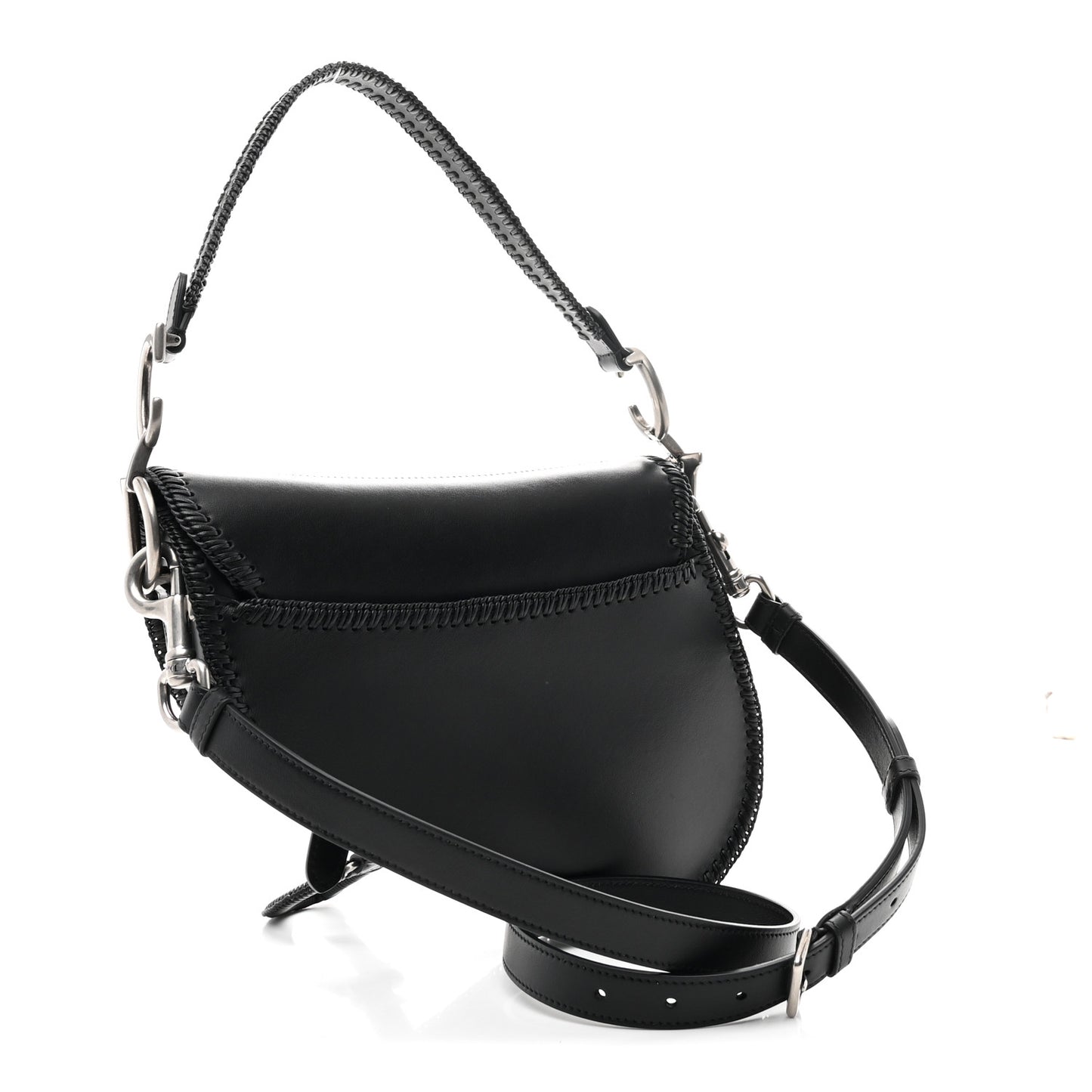 Smooth Calfskin Braided Saddle Bag With Strap Black