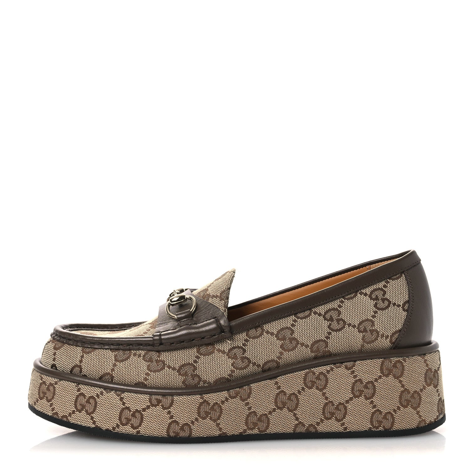 Gucci Monogram Horsebit Calfskin Womens Horsebit Wedge Platform Loafers 37 Beige Ebony 1 of 11