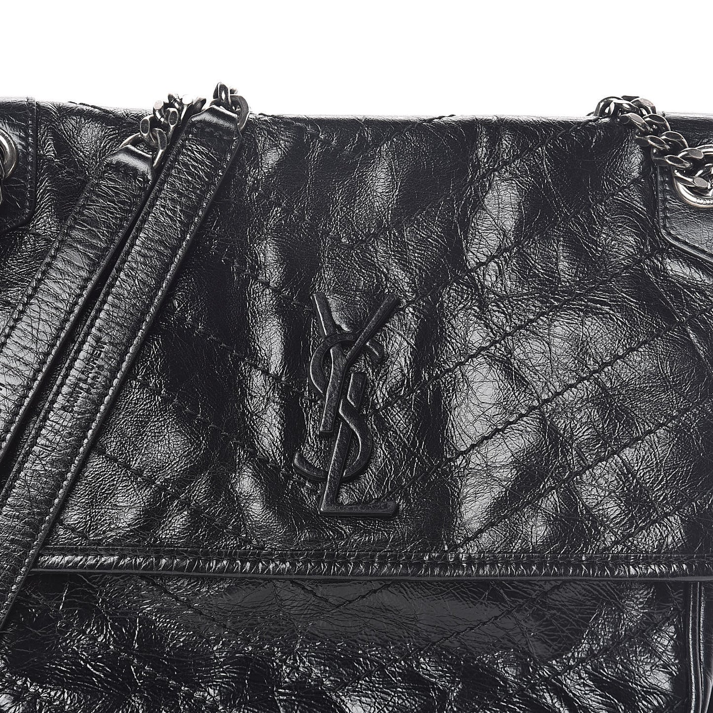 Crinkled Calfskin Matelasse Monogram Medium Niki Chain Satchel Black