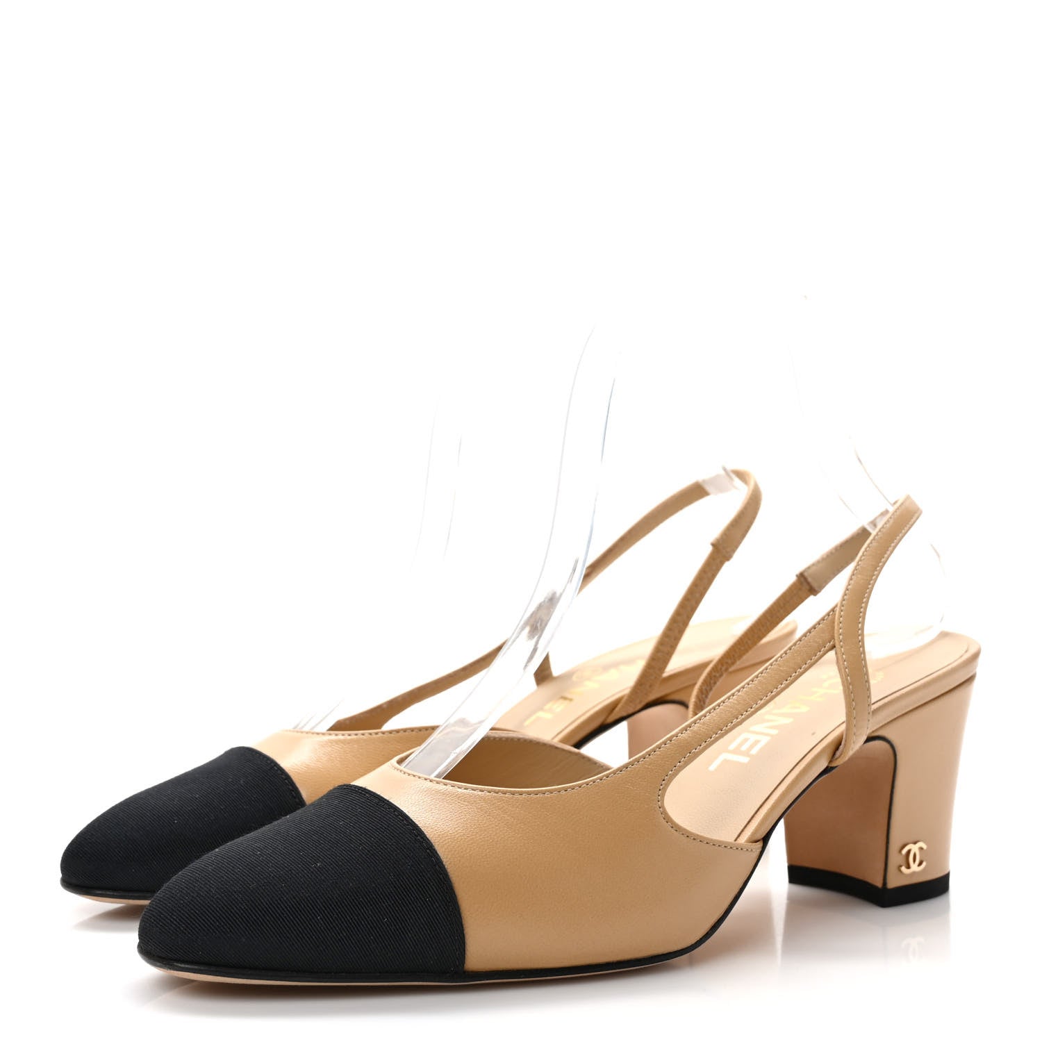 Chanel Goatskin Grosgrain Cap Toe CC Slingback Pumps 38 Beige Black 3 of 8