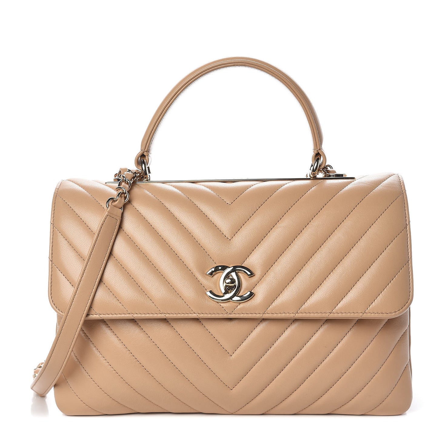 Lambskin Chevron Quilted Medium Trendy CC Dual Handle Flap Bag Beige