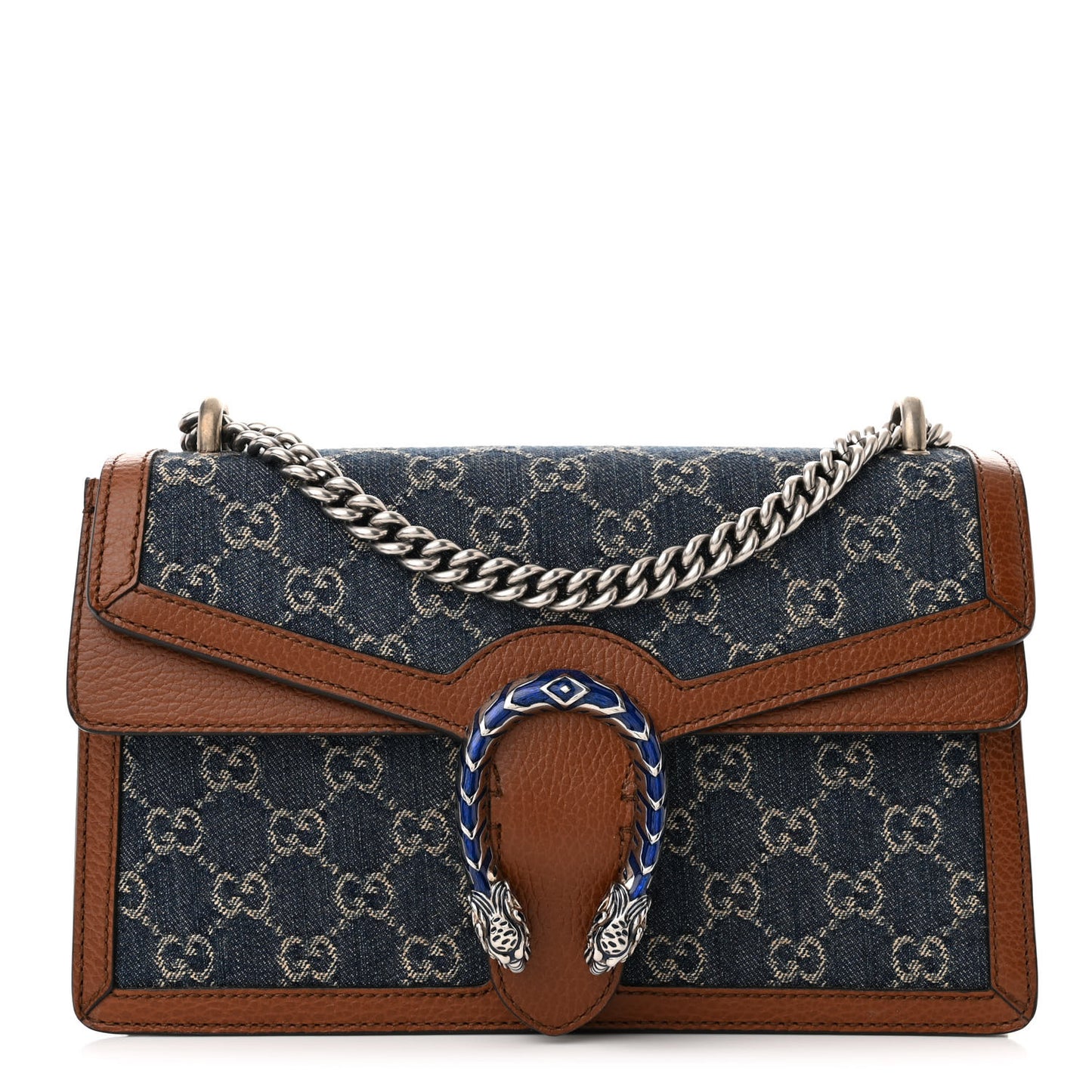 New Denim GG Monogram Dollar Calfskin Enamel Small Dionysus Shoulder Bag Blue Tea Cuir Epilog Electric Blue