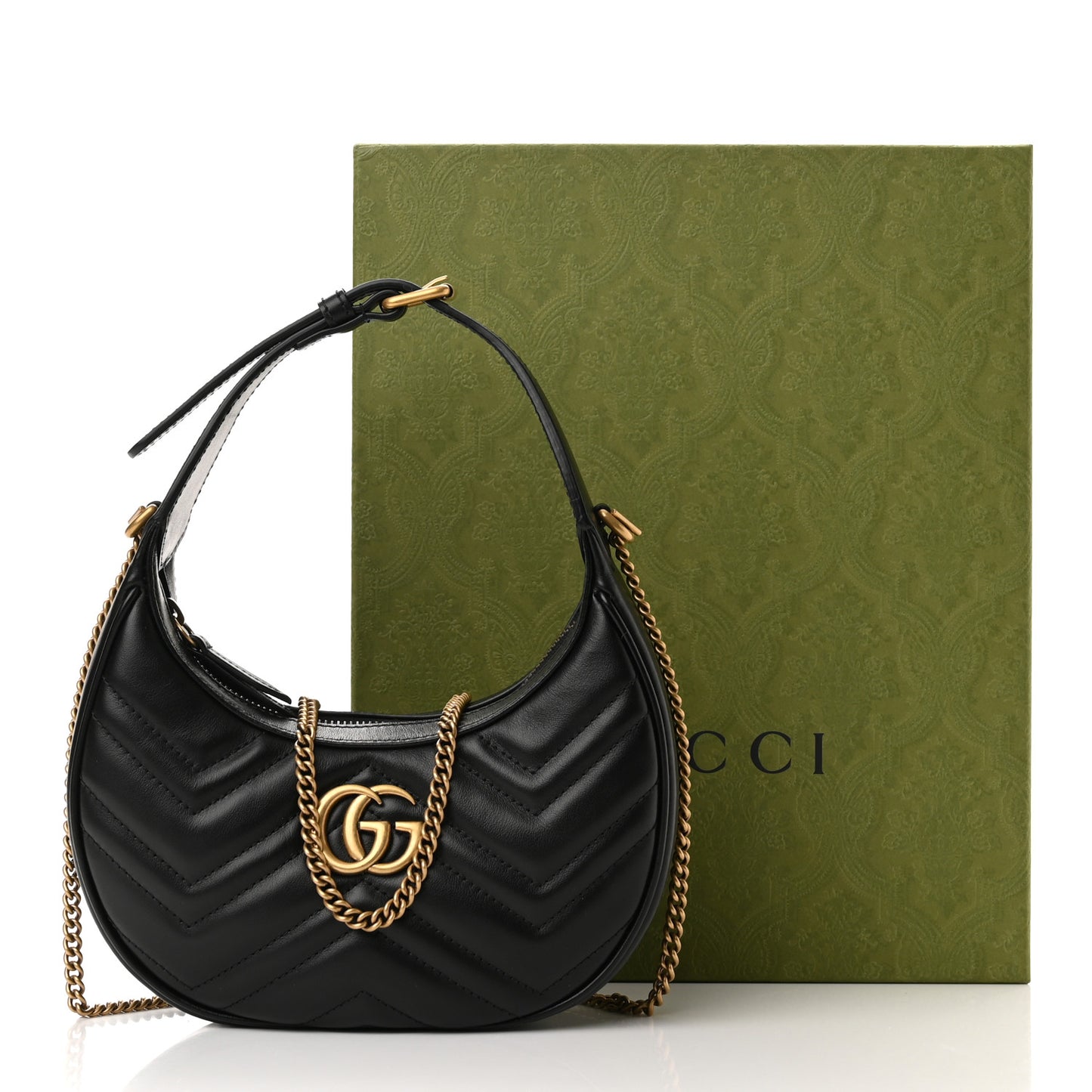 Calfskin Matelasse Chevron Mini GG Marmont Half Moon Hobo Black
