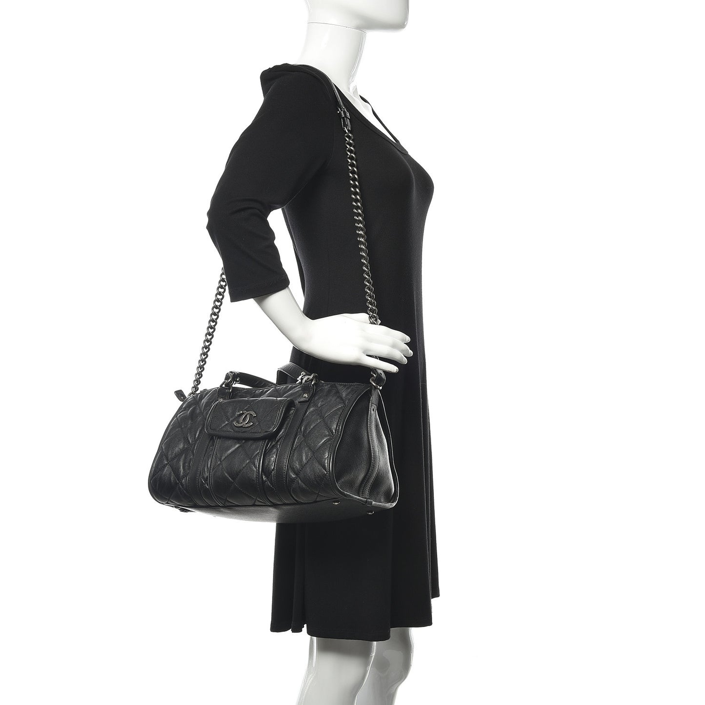 Calfskin Quilted Small Casual Riviera Bowling Bag Black