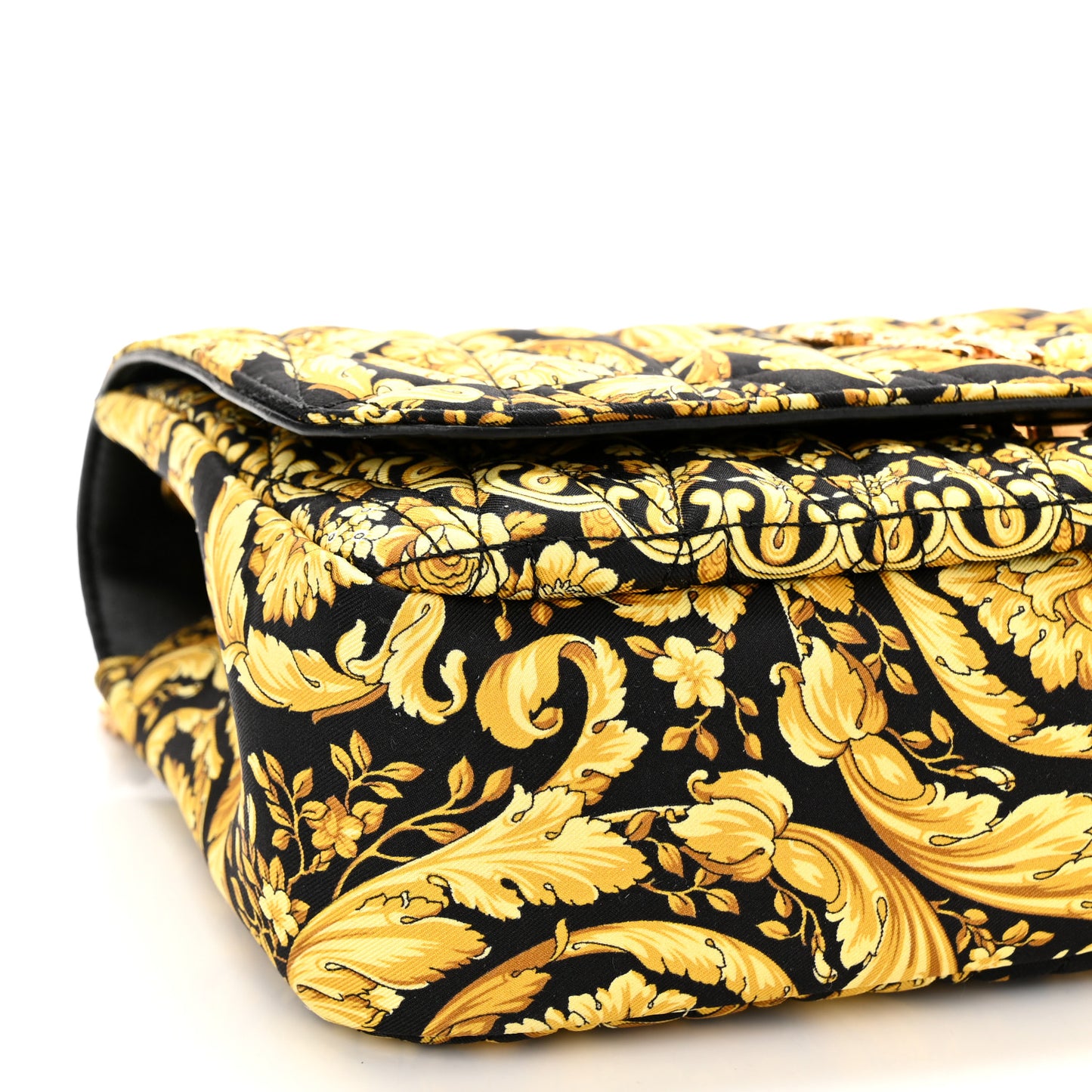 Silk Barocco Printed Quilted Virtus V Chain Flap Shoulder Bag Black Gold