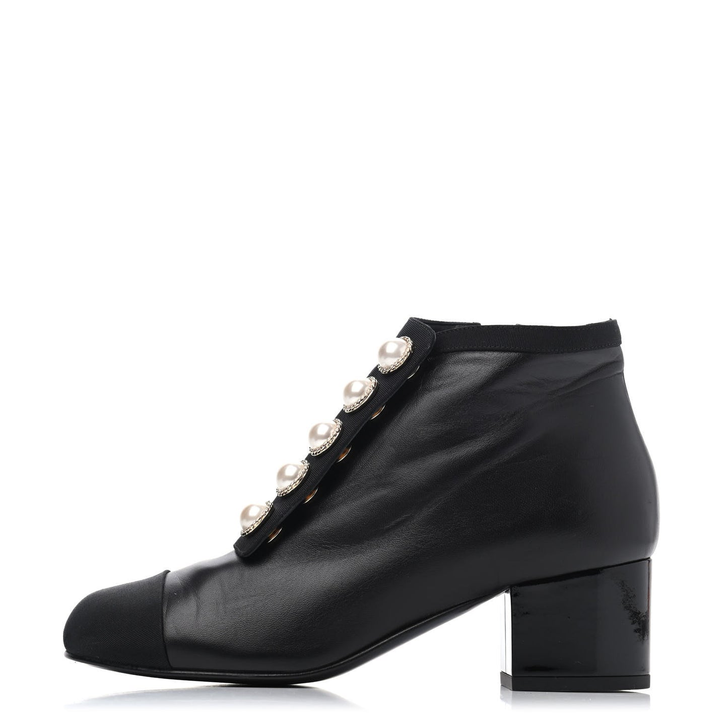 Lambskin Grosgrain Pearl Cap Toe Short Boots 36 Black