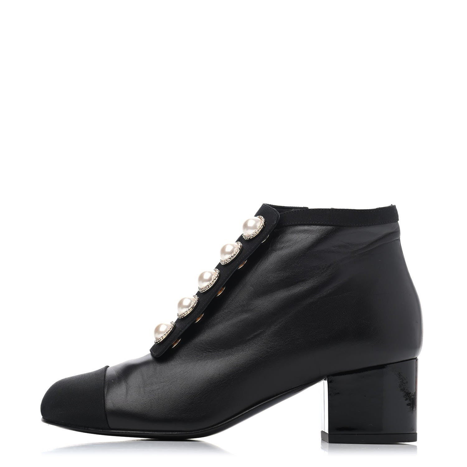 Chanel Lambskin Grosgrain Pearl Cap Toe Short Boots 36 Black 1 of 4