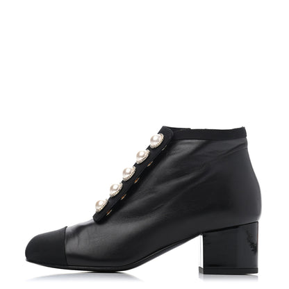 Chanel Lambskin Grosgrain Pearl Cap Toe Short Boots 36 Black 1 of 4