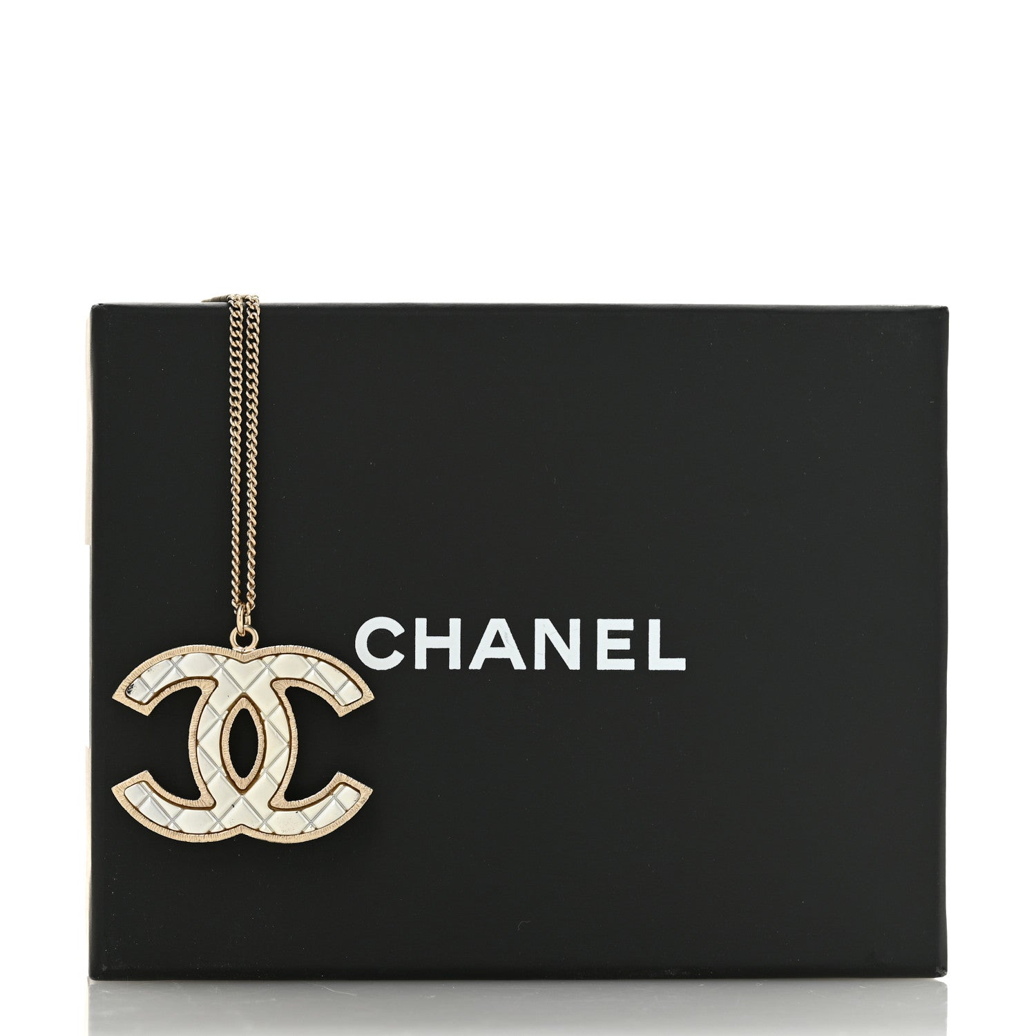 Chanel Metal Quilted CC Pendant Necklace Gold White 5 of 5