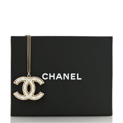Chanel Metal Quilted CC Pendant Necklace Gold White 5 of 5