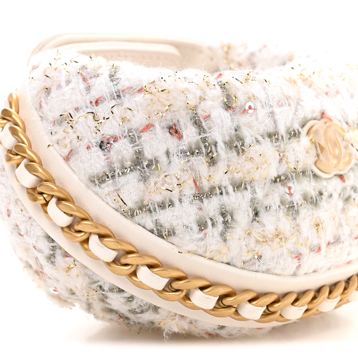 Chanel Wool Tweed Quilted Chain Around Mini Pouch Ecru Khaki Gold Red 8 of 9
