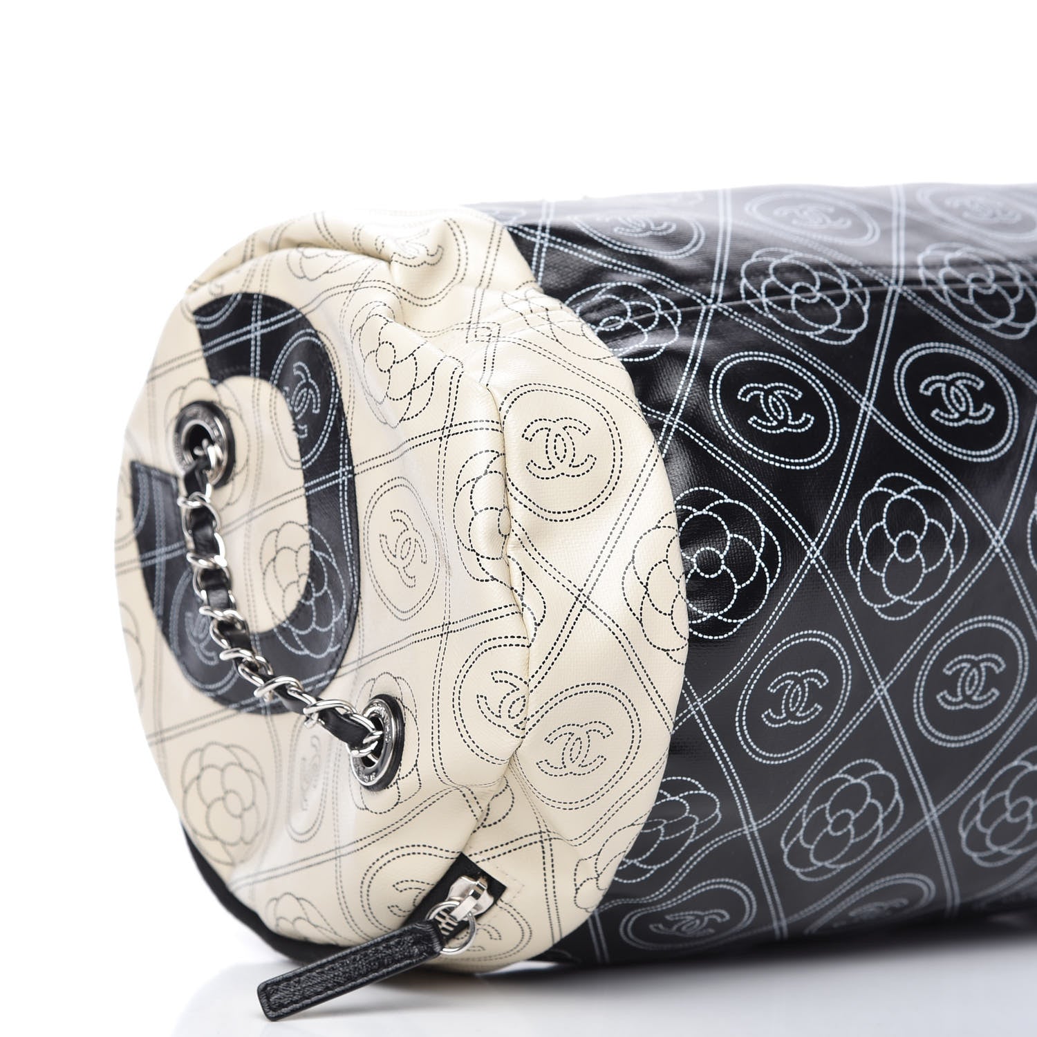 Chanel Coated Canvas Camellia Printed Calfskin Bowling Bag Black Beige 7 of 11