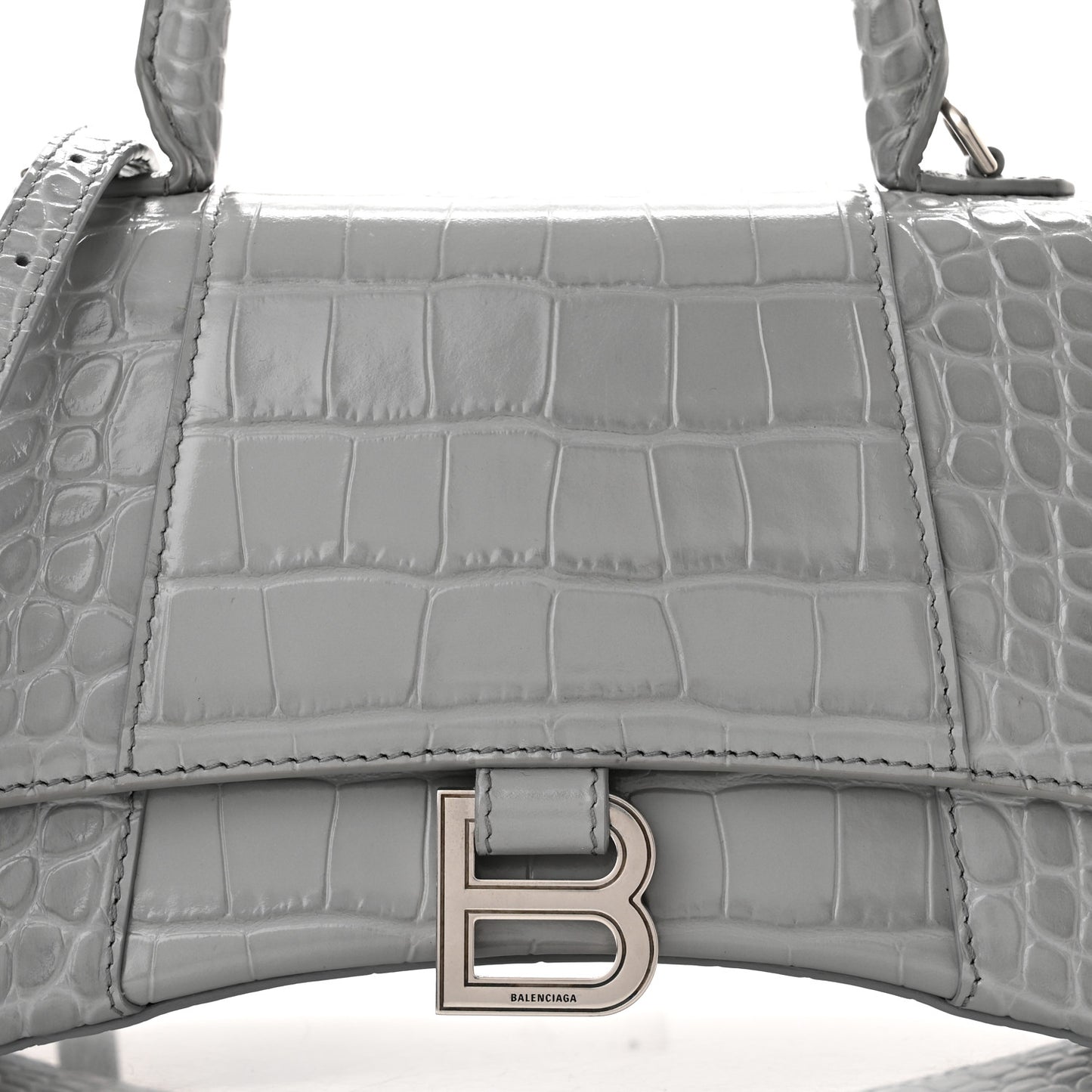 Shiny Calfskin Crocodile Embossed Small Hourglass Top Handle Bag Balenciaga Grey