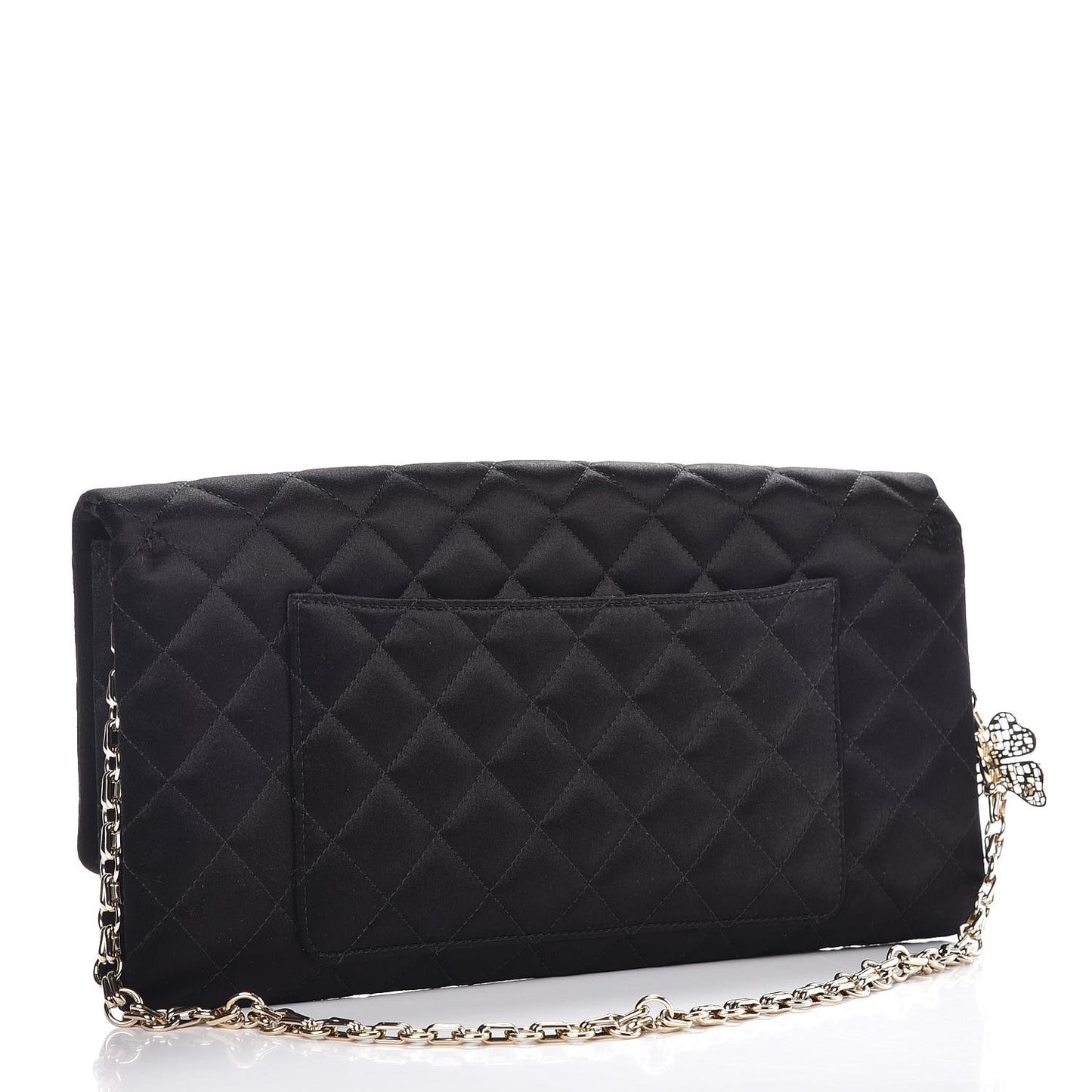 Satin Quilted Butterfly Chain Flap Clutch Black