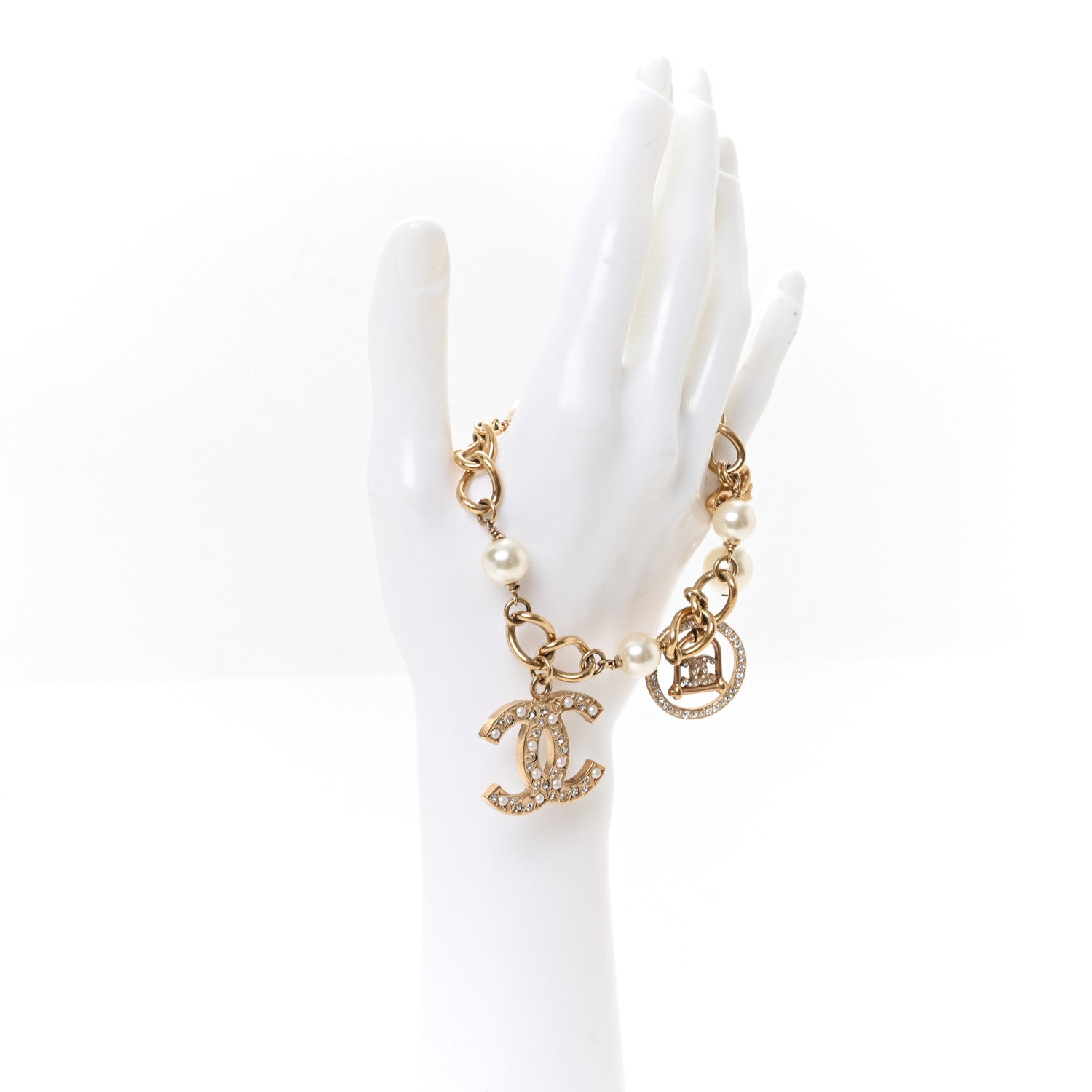 Chanel Crystal Pearl CC Charm Bracelet Gold 2 of 5