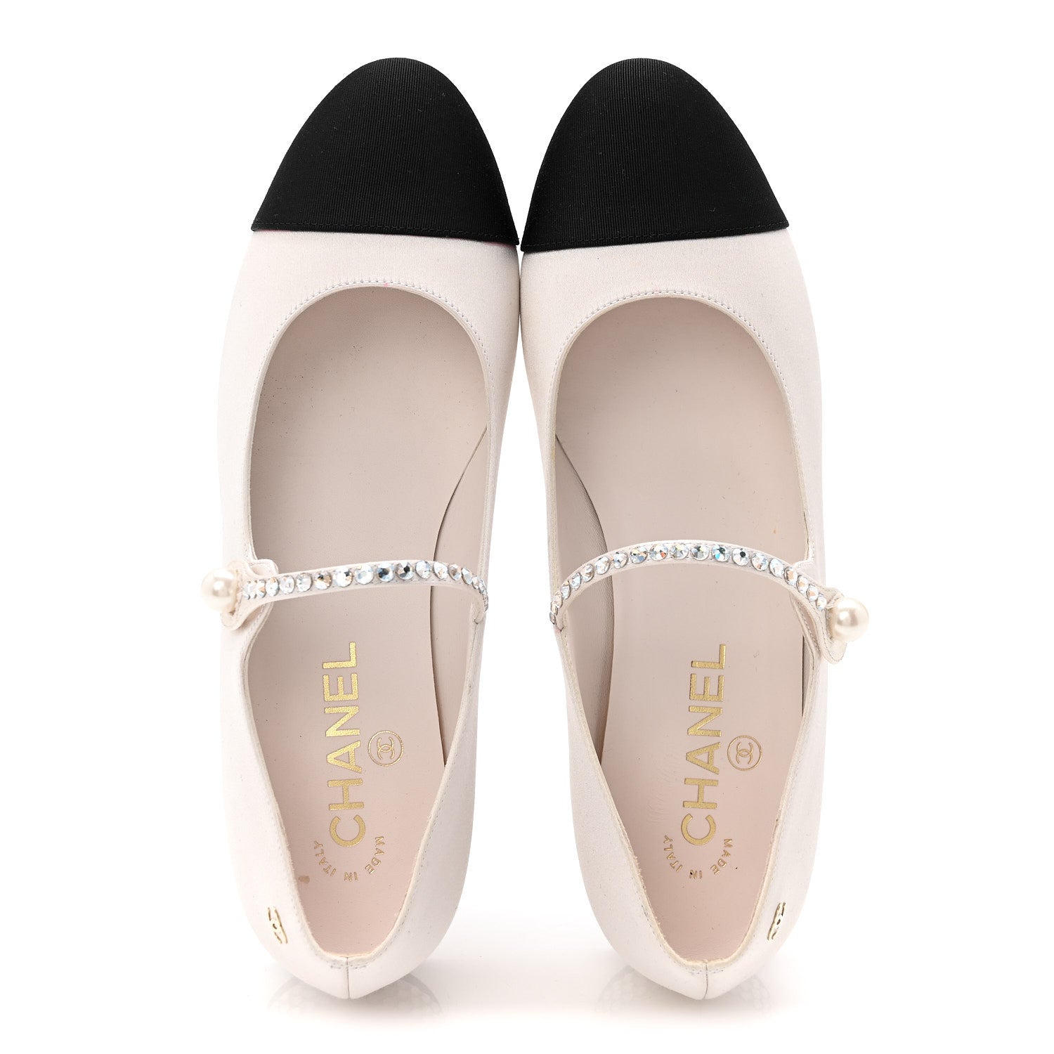 Chanel Strass Satin Grosgrain Mary Jane Flats 38 Ivory Black 2 of 10
