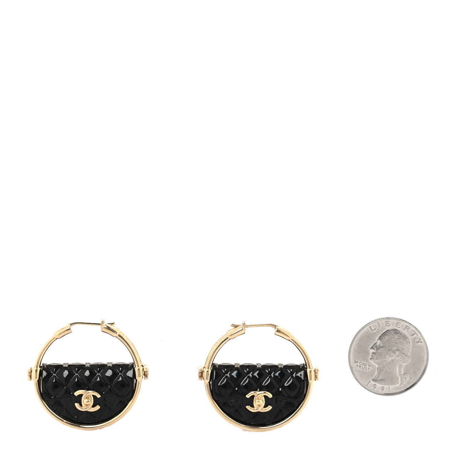 Chanel Metal Resin Quilted Flap Bag Hoop Earrings Black Gold 2 of 5