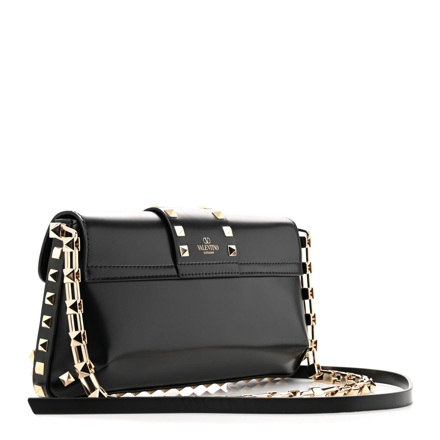 Brushed Calfskin Rockstud Flip Lock Chain Shoulder Bag Black