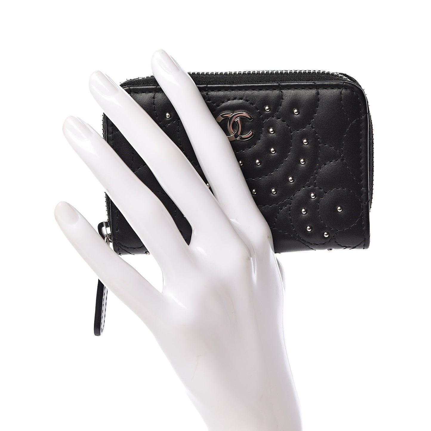 Lambskin Camellia Embossed Studded Zip Coin Purse Black