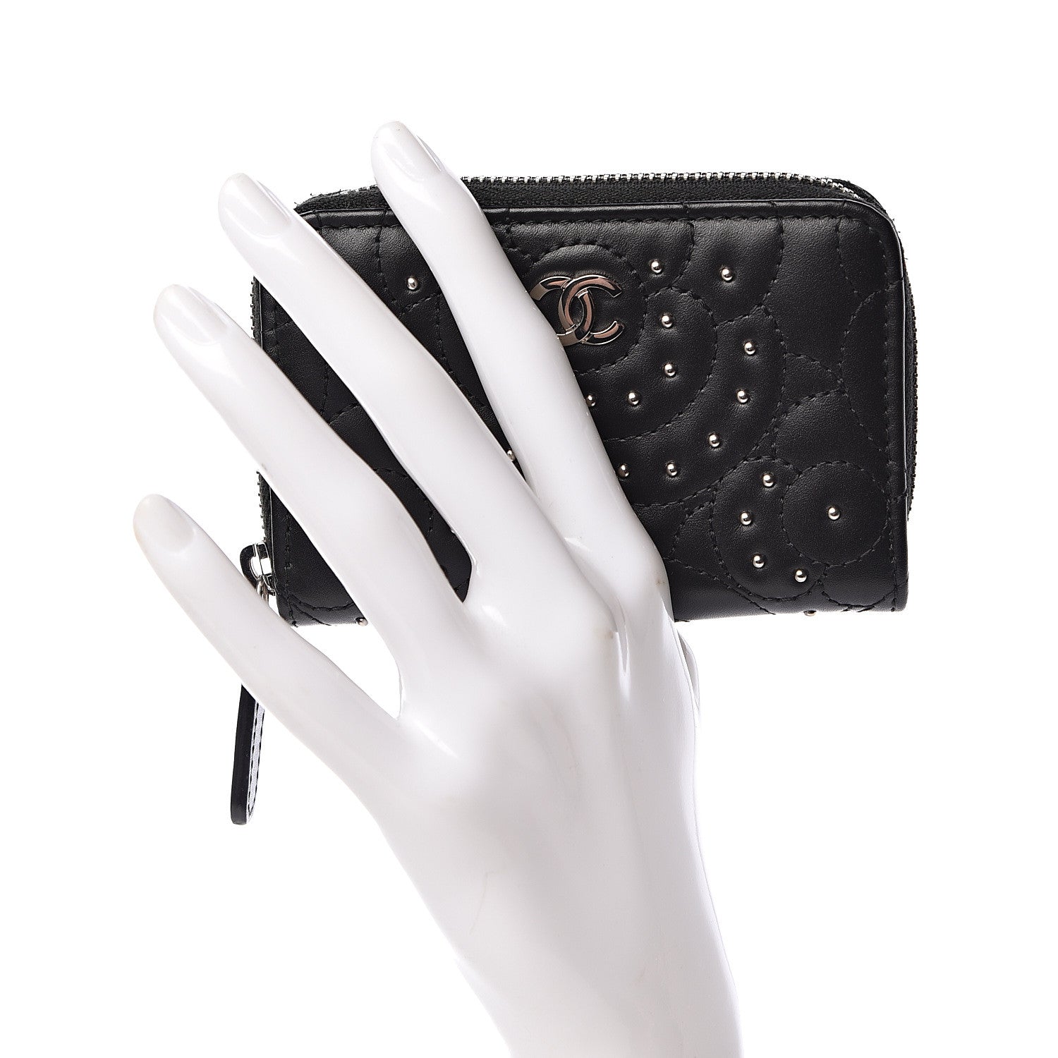 Chanel Lambskin Camellia Embossed Studded Zip Coin Purse Black 2 of 8