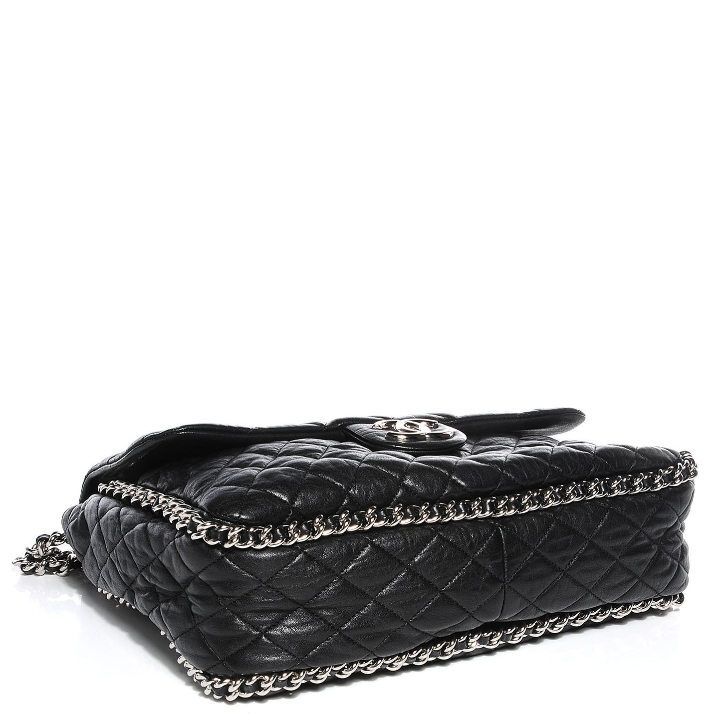 Crumpled Lambskin Chain Around Maxi Flap Bag Black