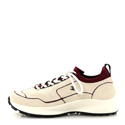 Chanel Suede Mixed Fibers Knit Womens CC Sneakers 38 Ivory Burgundy 1 of 9