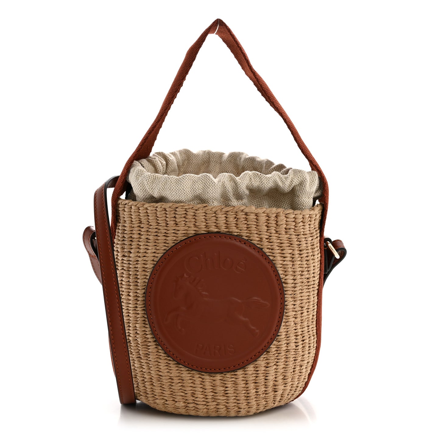 X MIFUKO Paper Raffia Calfskin Small Horse Medal Bucket Bag Sepia Brown
