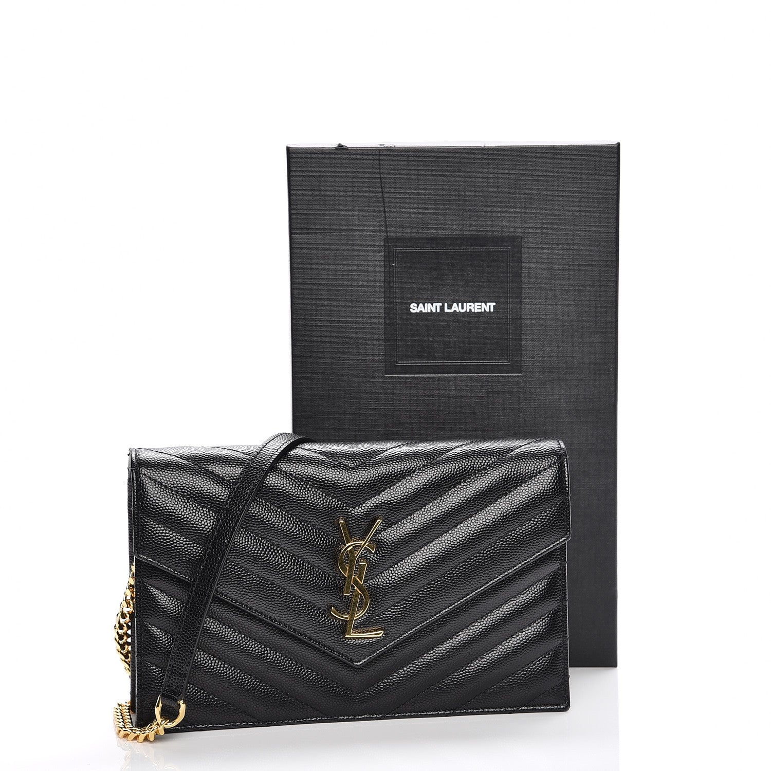 Saint Laurent Grain De Poudre Matelasse Chevron Monogram Envelope Chain Wallet Black 13 of 17