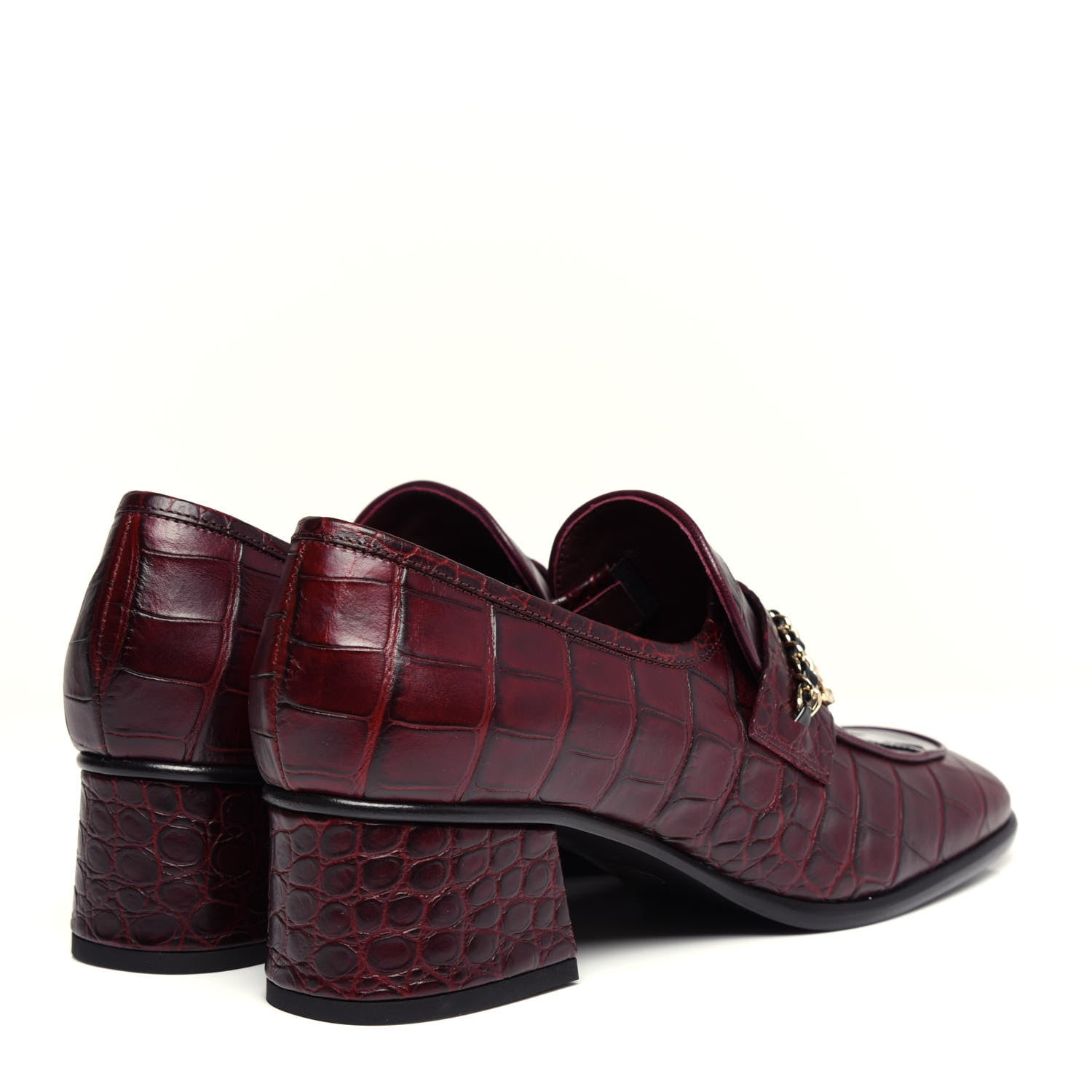 Chanel Crocodile Embossed Calfskin CC Chain Mocassin Loafers 38.5 Burgundy Black 4 of 12