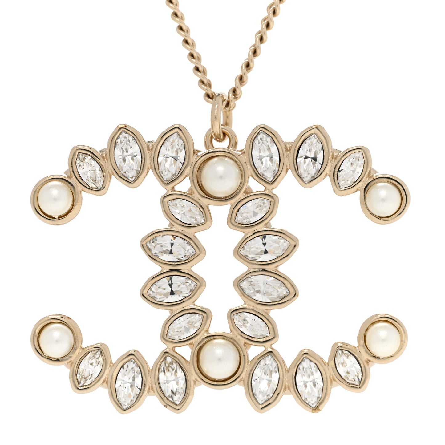 Pearl Crystal CC Pendant Necklace Gold